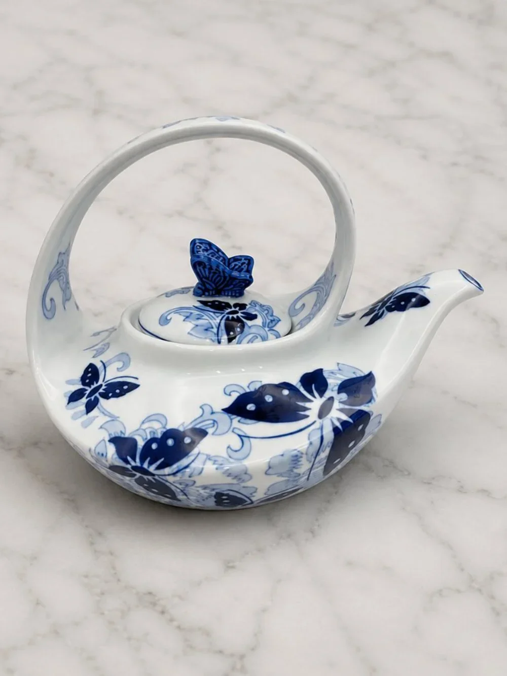 Pier 1 Imports Hand Painted Porcelain Teapot Blue White Floral Butterfly W\Lid